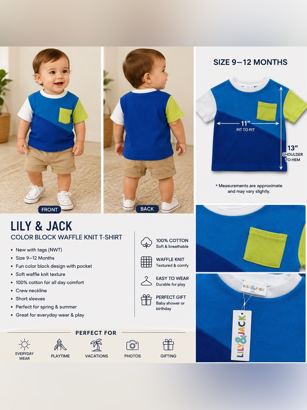 Lily & Jack NWT Toddler Color Block Waffle Knit Pocket T-Shirt Size 9–12 Months